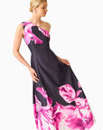 Petalia One Shoulder Gown in Black & Pink Floral