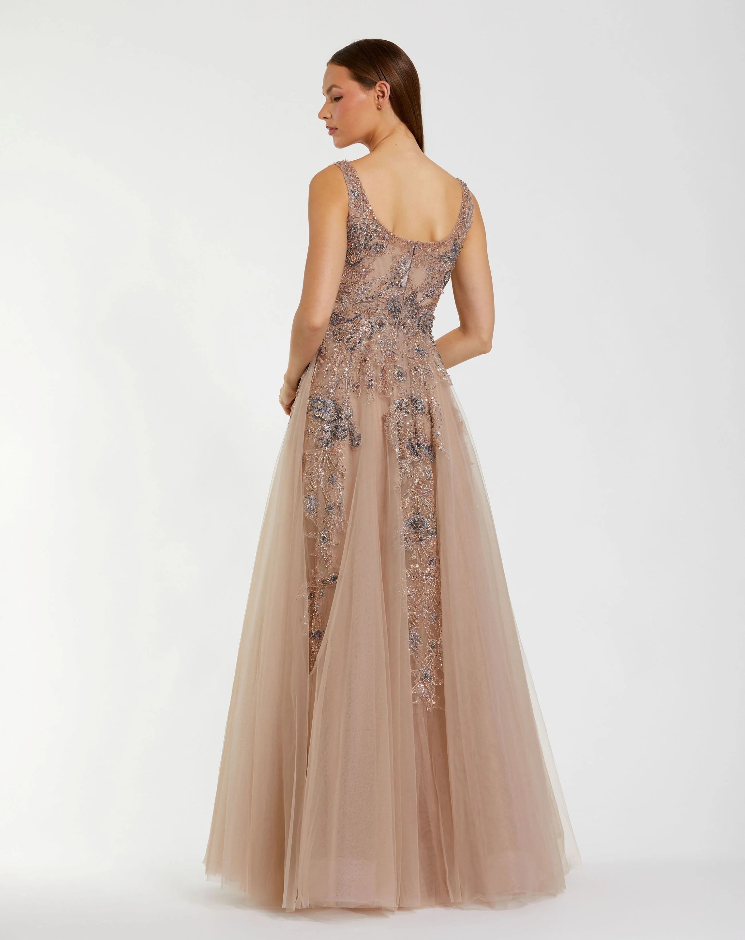 Brown Hand Embellished Tulle A-Line Gown