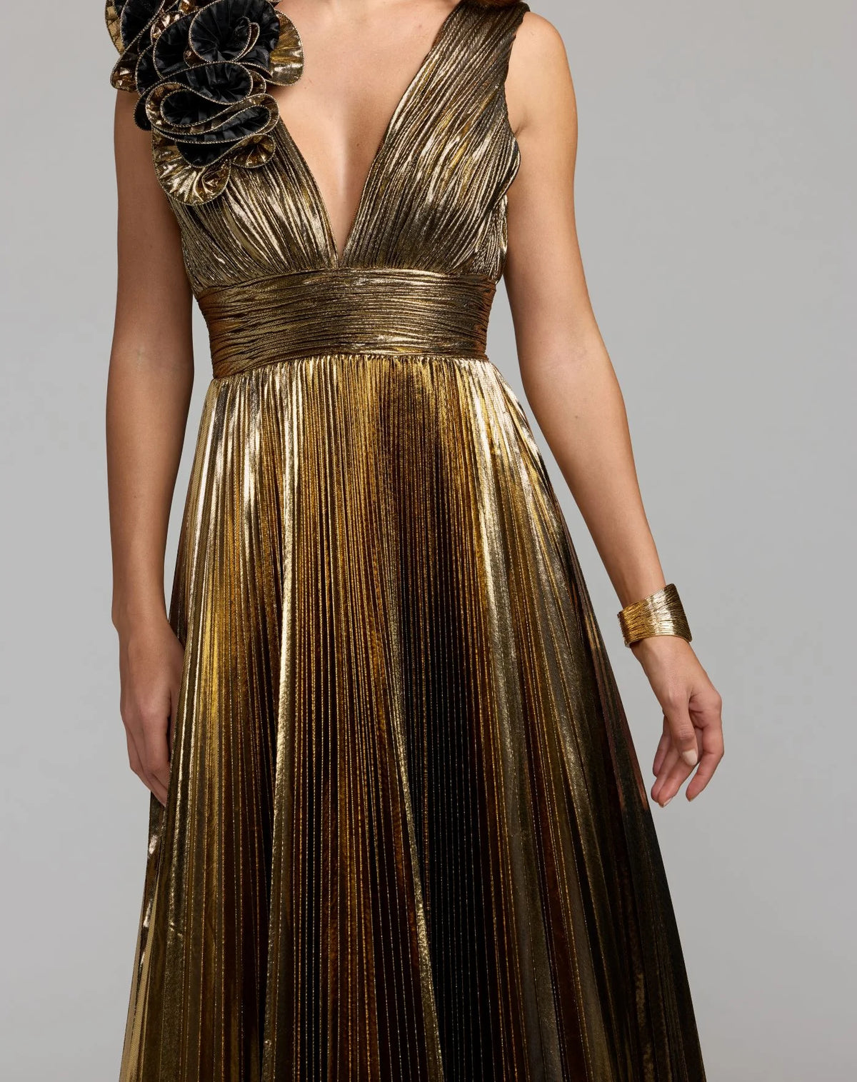 Gold Sleeveless Metallic V-Neck Gown With Ruffle Detail 50212