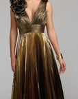 Gold Sleeveless Metallic V-Neck Gown With Ruffle Detail 50212