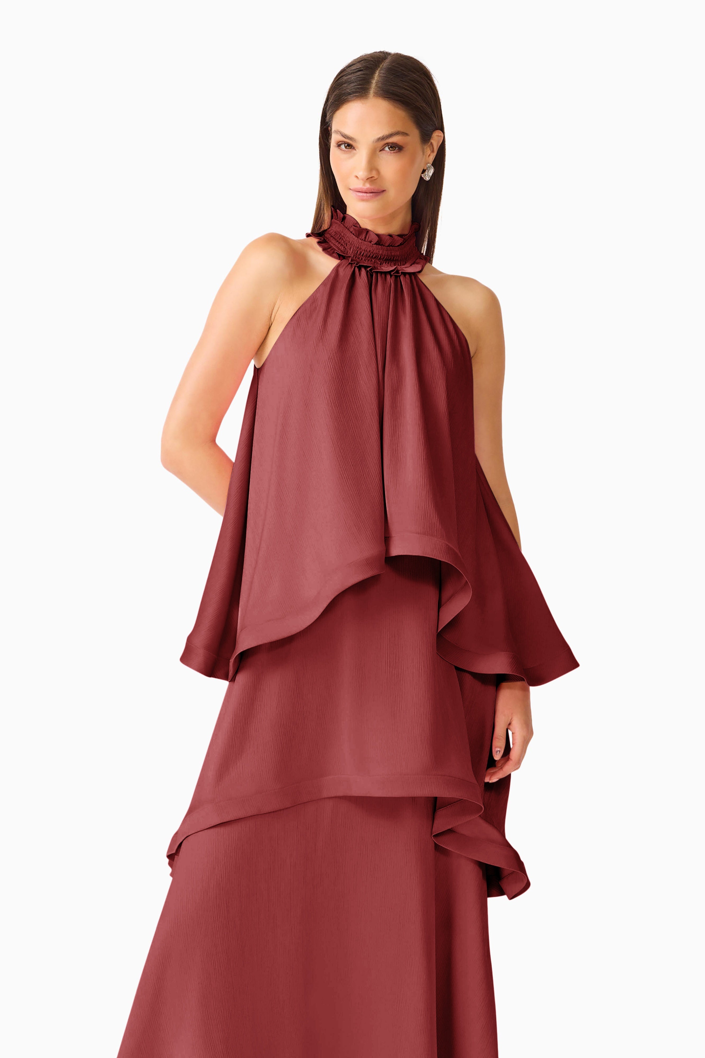 CALISTA RUFFLE NECK
TIERED GOWN
