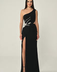 6396 long evening chiffon one shoulder gown with matching beaded cape .