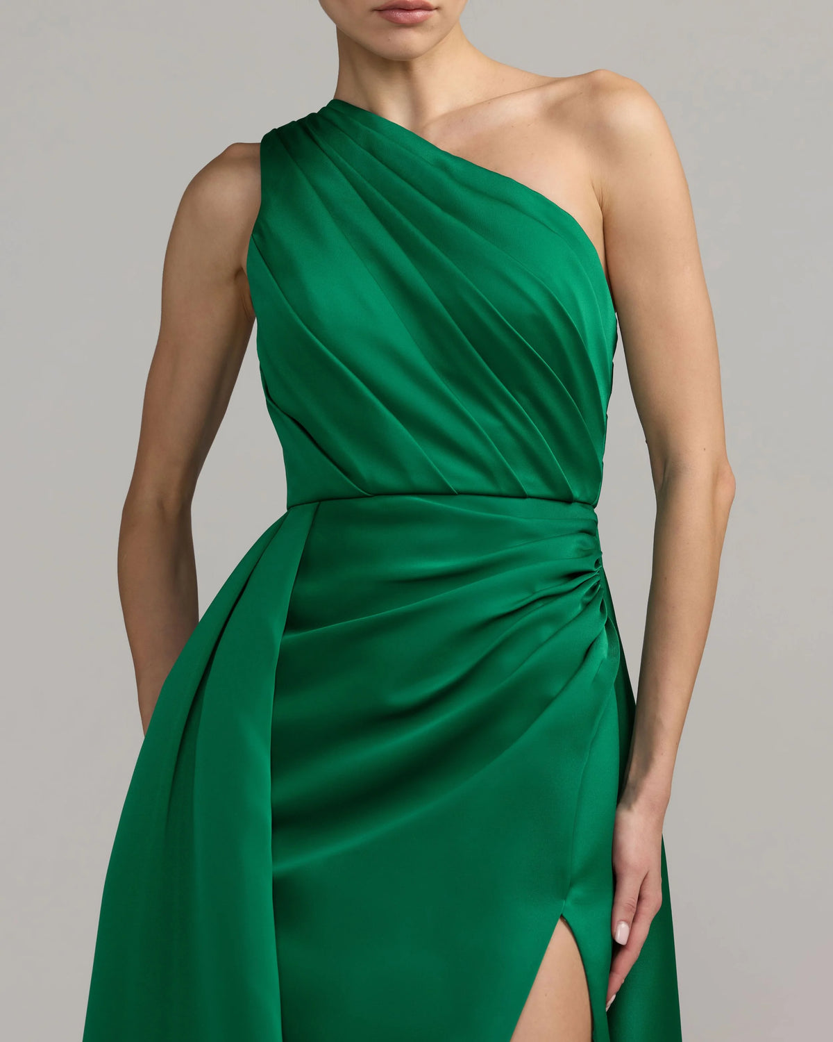 Emerald One Shoulder Satin Gown With Overskirt