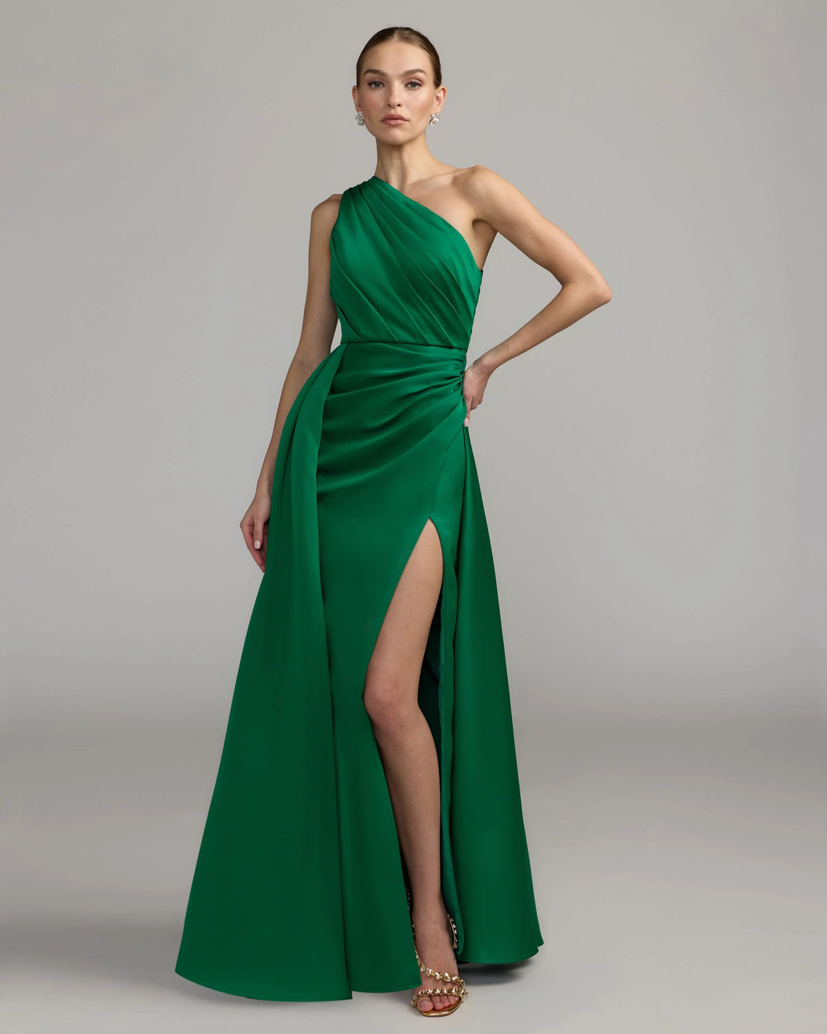 Emerald One Shoulder Satin Gown With Overskirt