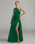 Emerald One Shoulder Satin Gown With Overskirt