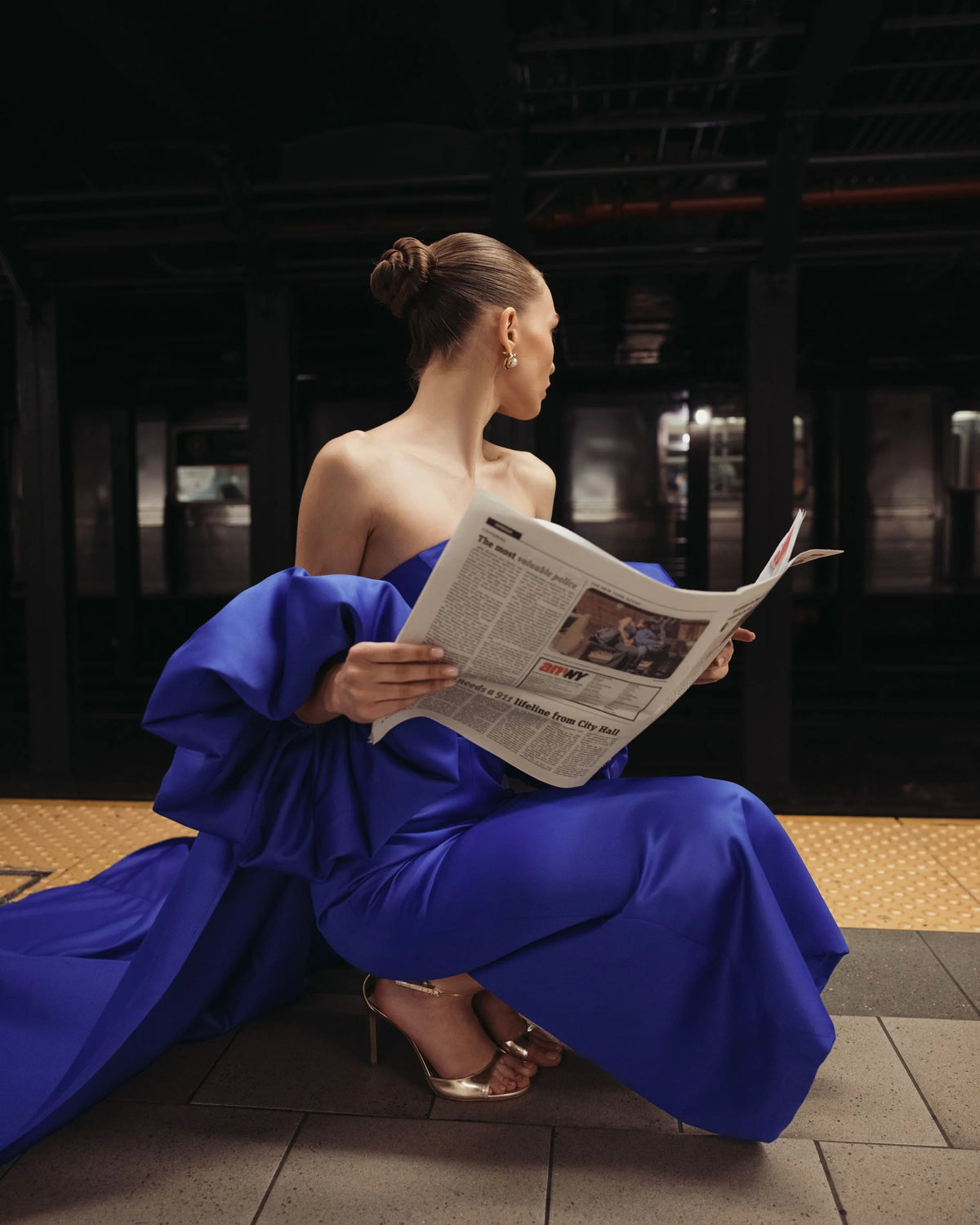 Cobalt Blue Strapless Puff Sleeve Satin Gown With Cape