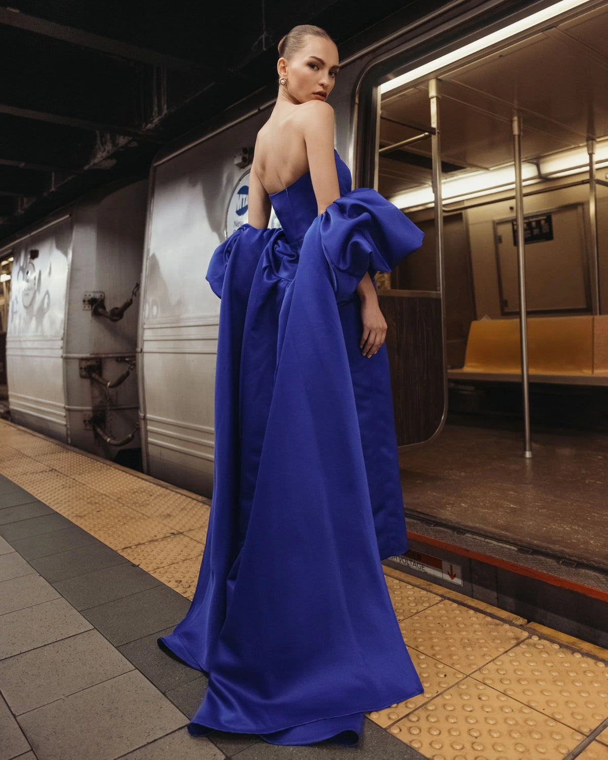 Cobalt Blue Strapless Puff Sleeve Satin Gown With Cape