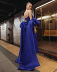 Cobalt Blue Strapless Puff Sleeve Satin Gown With Cape
