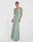 Green Draped Sleeve V Neck Gown