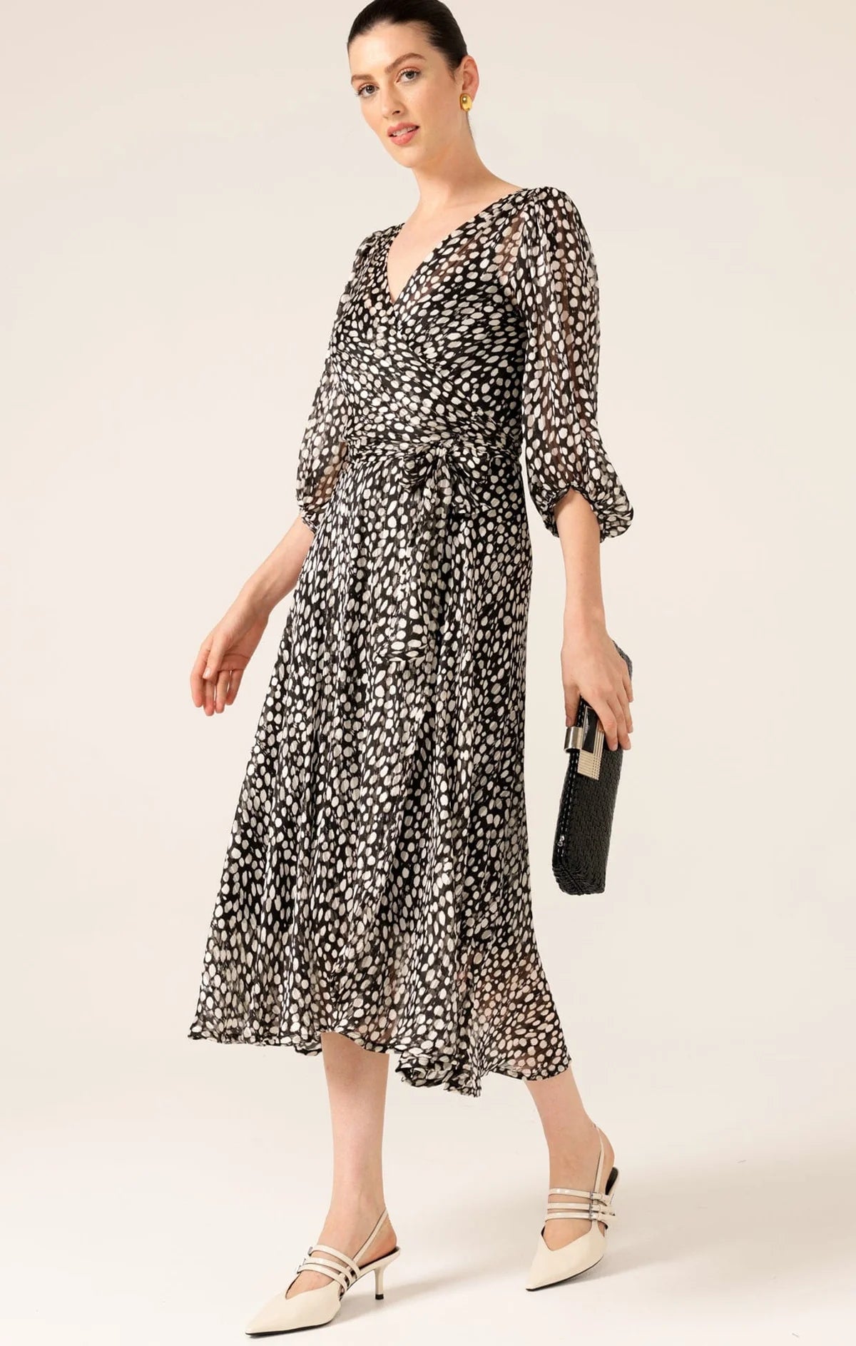 CLOUDLAND WRAP DRESS IN BLACK WHITE SPOT