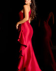 One Shoulder Ruffle Gown With Beaded Appliqué 48003