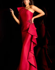 One Shoulder Ruffle Gown With Beaded Appliqué 48003