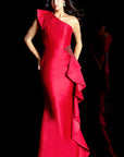 One Shoulder Ruffle Gown With Beaded Appliqué 48003