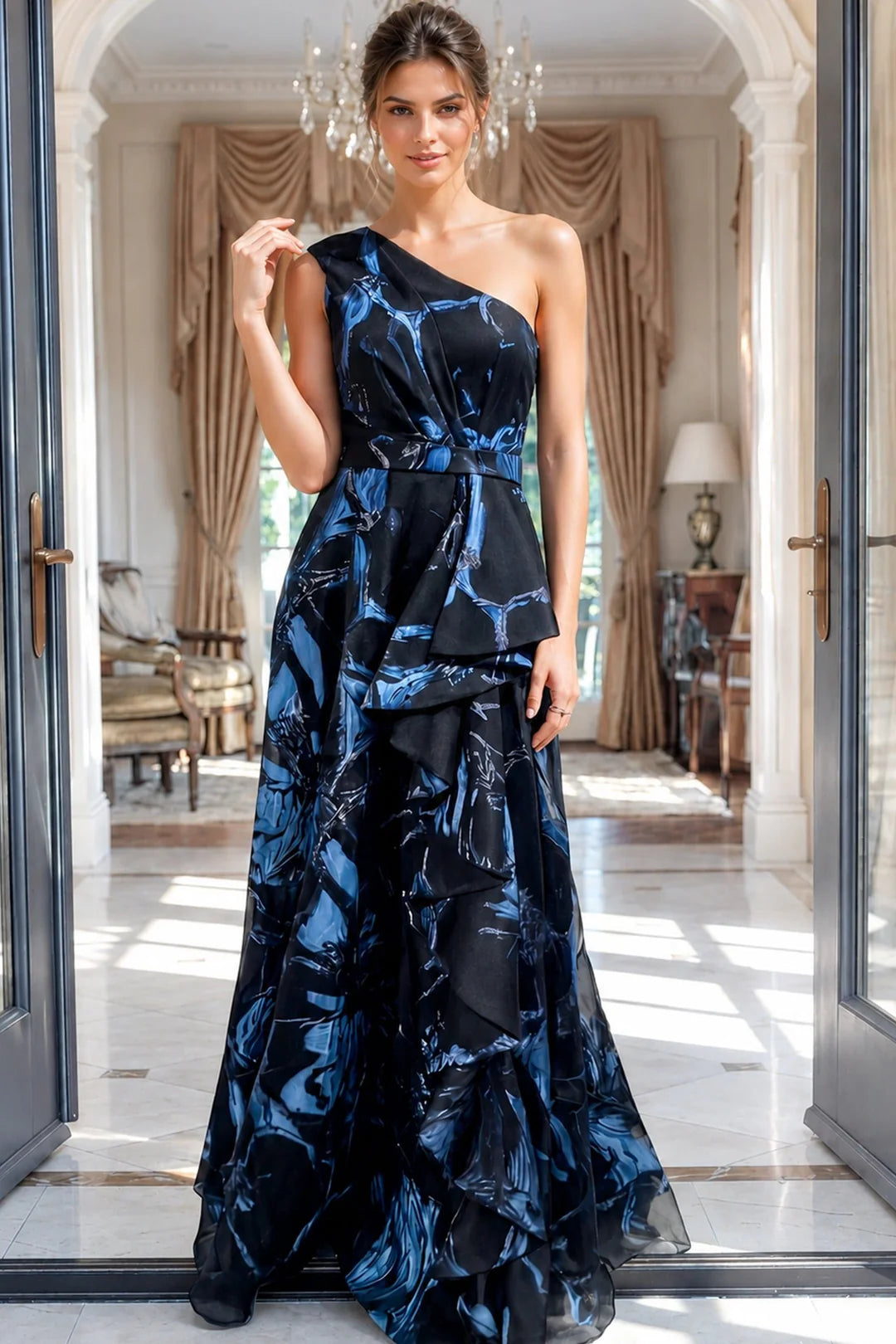 Floral Print One Shoulder A Line Gown 46319