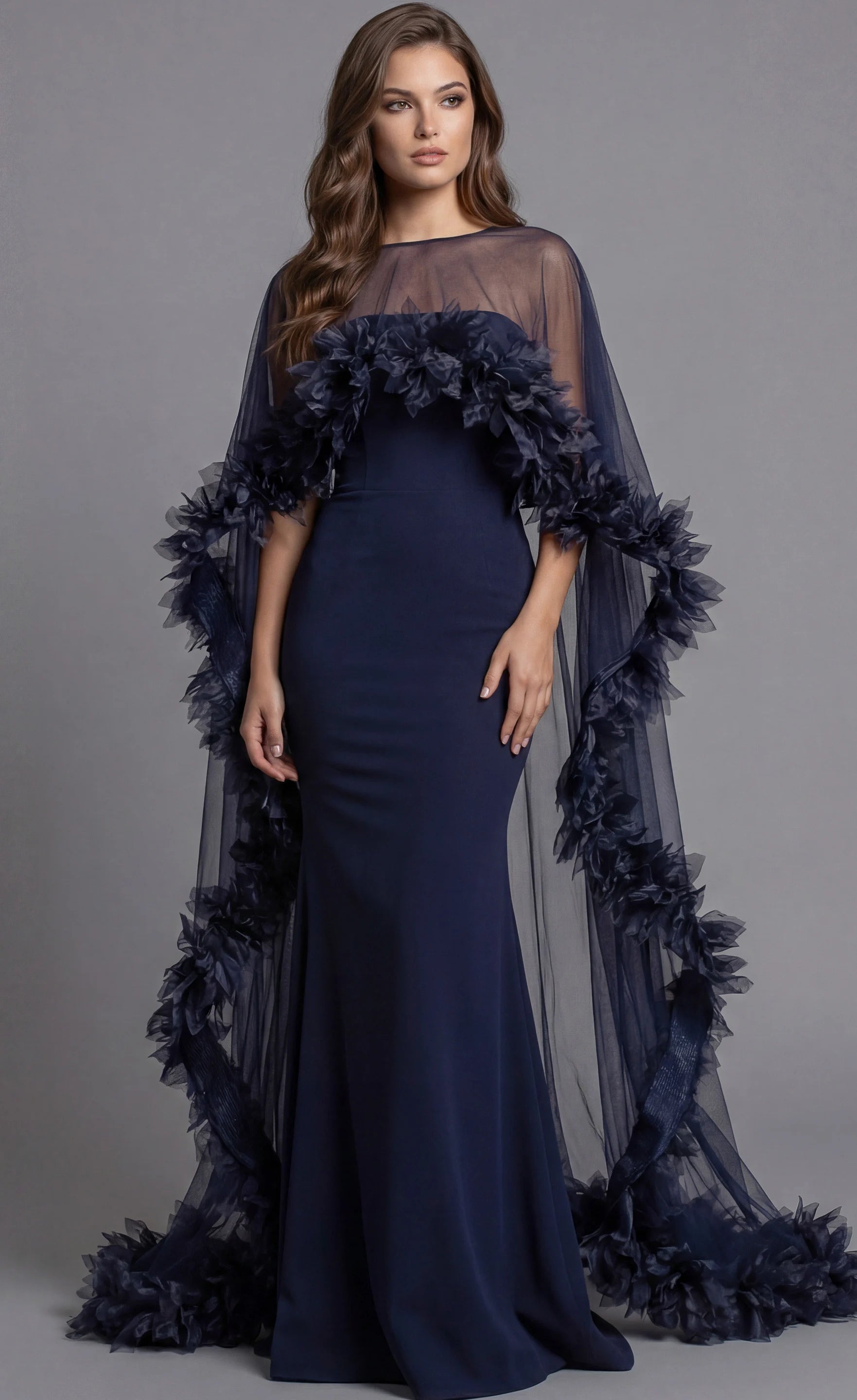 Fitted Gown with Sheer Floral Tulle Cape 44321