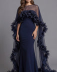 Fitted Gown with Sheer Floral Tulle Cape 44321