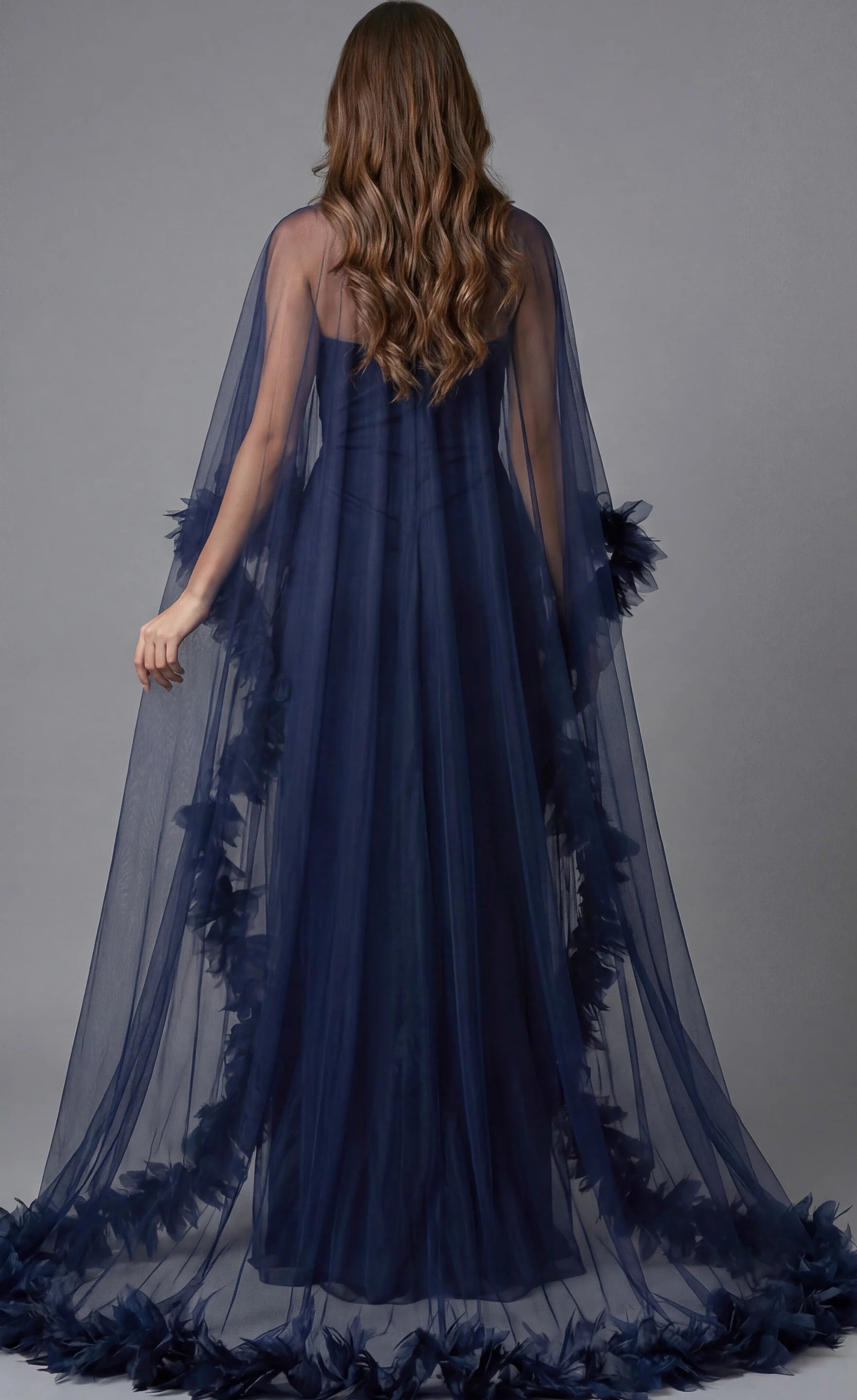 Fitted Gown with Sheer Floral Tulle Cape 44321