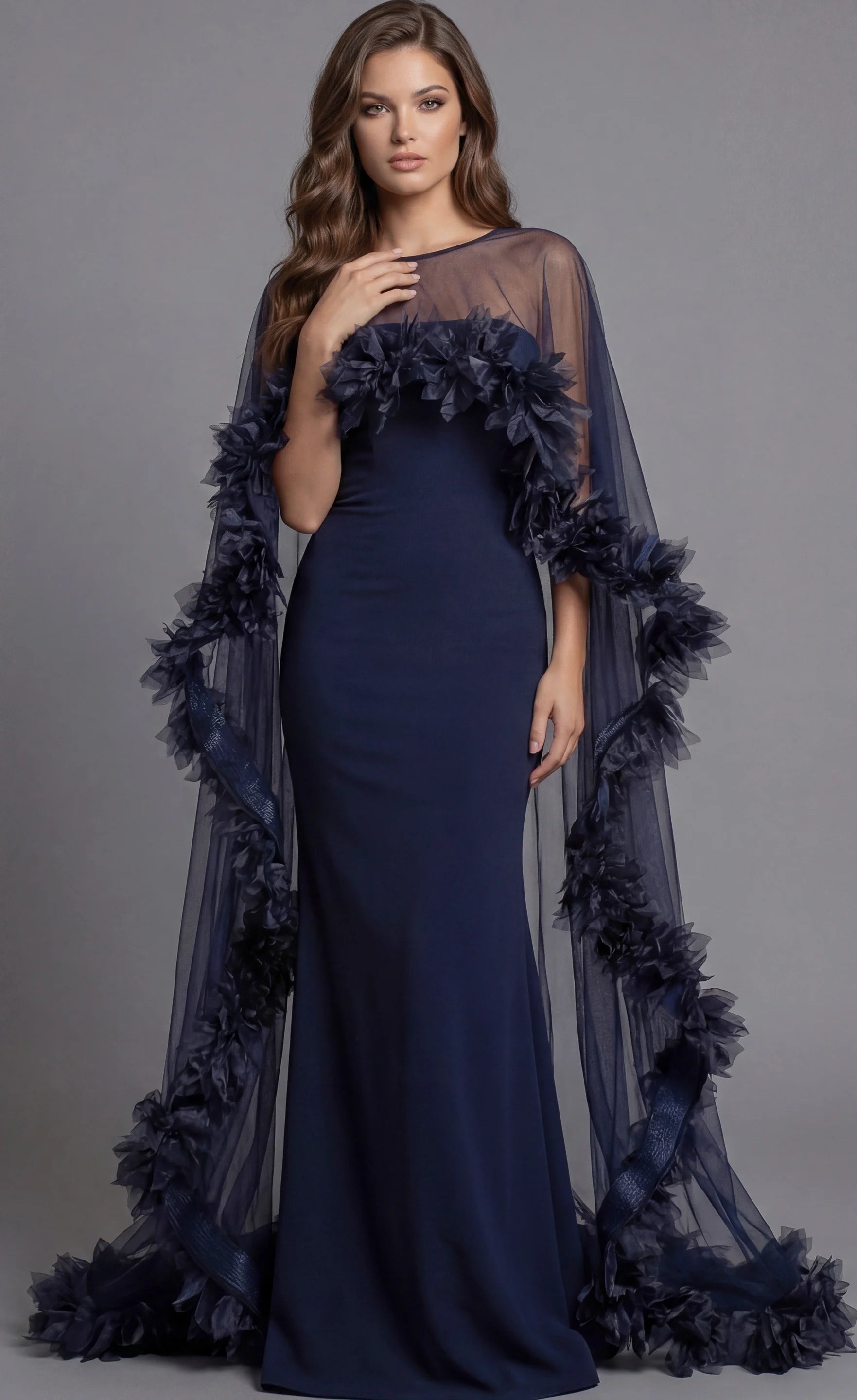 Fitted Gown with Sheer Floral Tulle Cape 44321