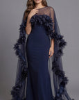 Fitted Gown with Sheer Floral Tulle Cape 44321
