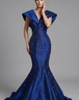 Beaded V Neck Mermaid Gown With Sculpted Collar 45337