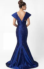Beaded V Neck Mermaid Gown With Sculpted Collar 45337
