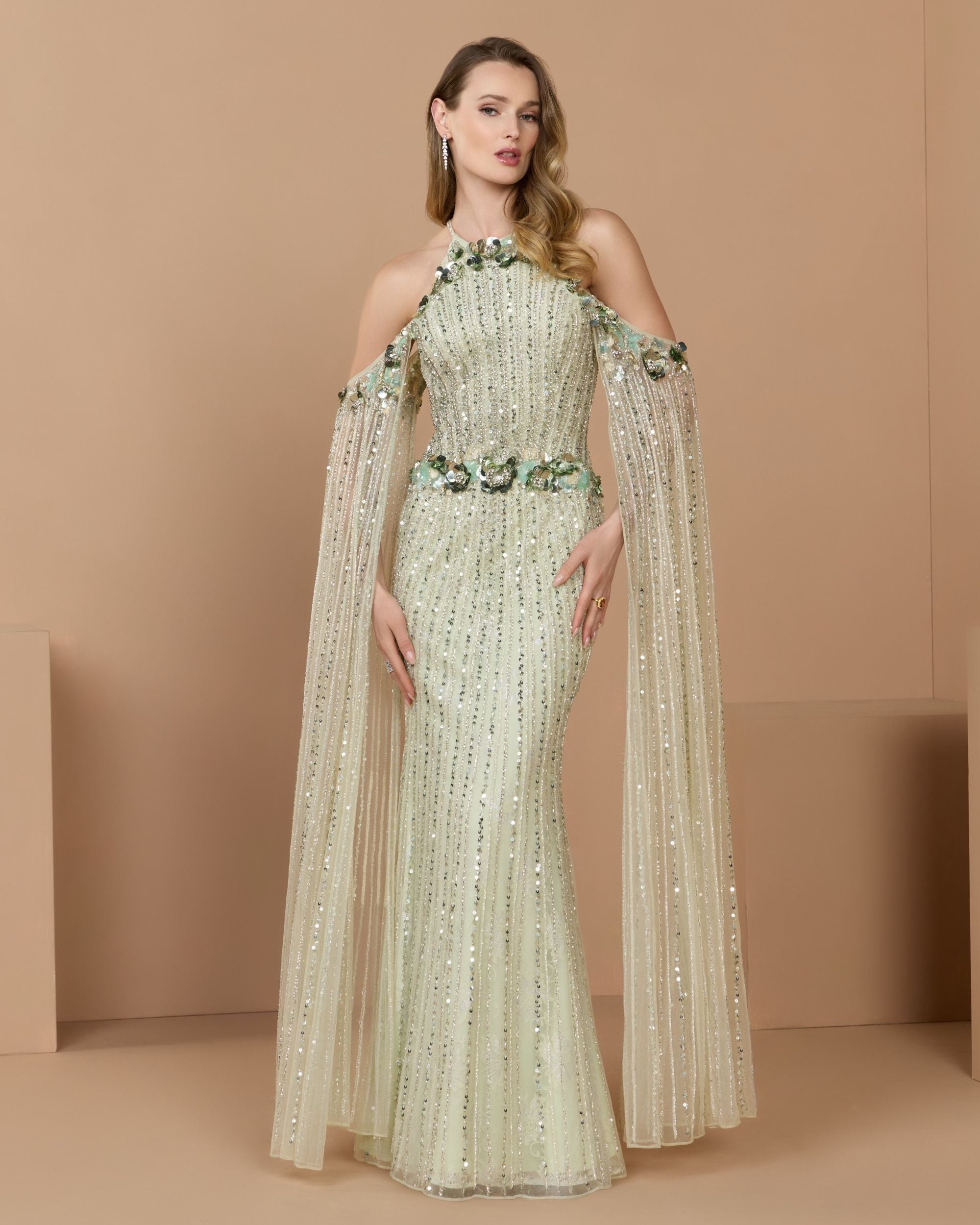Green Embellished Column Gown With Cape Sleeves