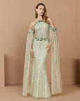 Green Embellished Column Gown With Cape Sleeves