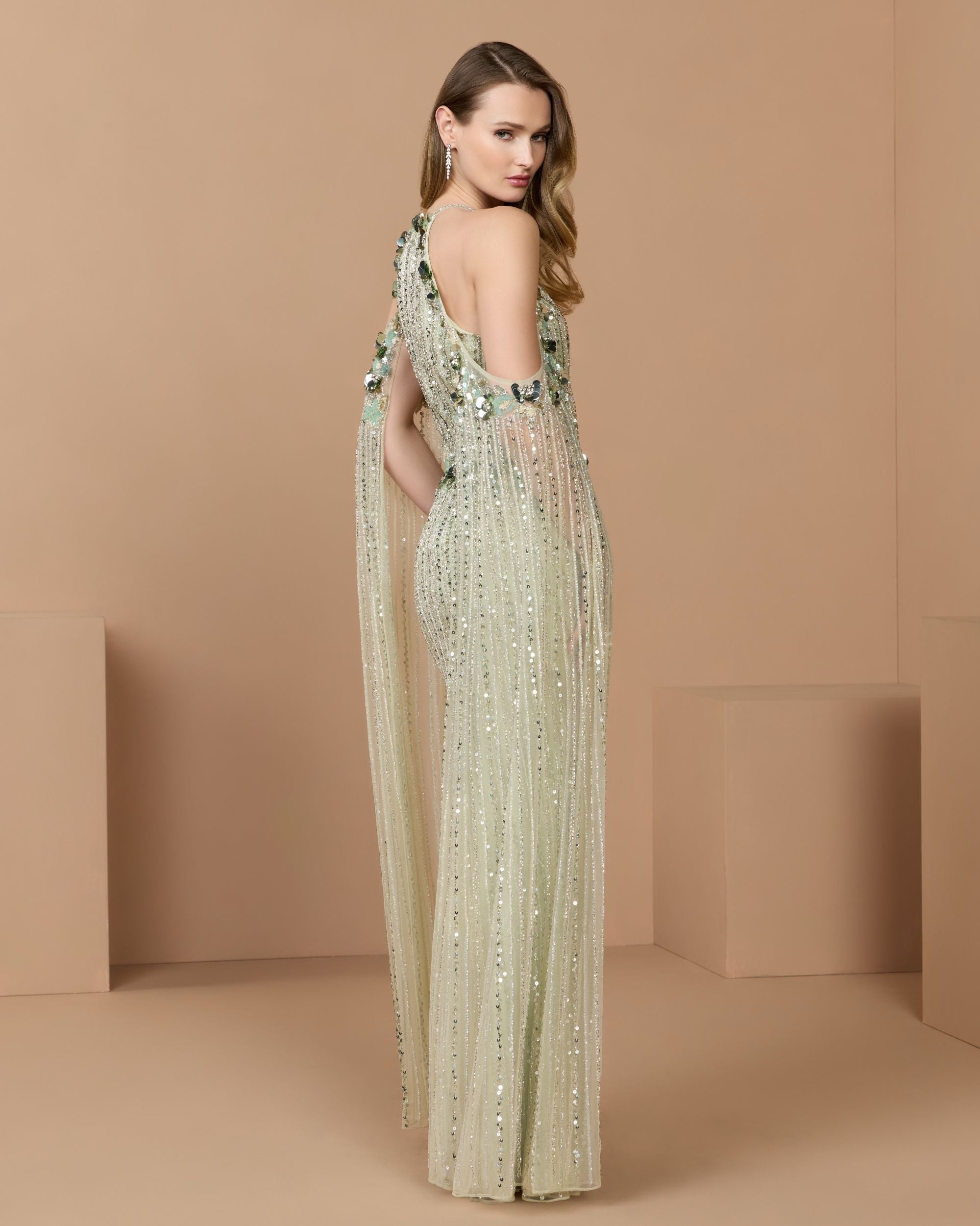 Green Embellished Column Gown With Cape Sleeves