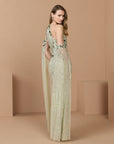 Green Embellished Column Gown With Cape Sleeves