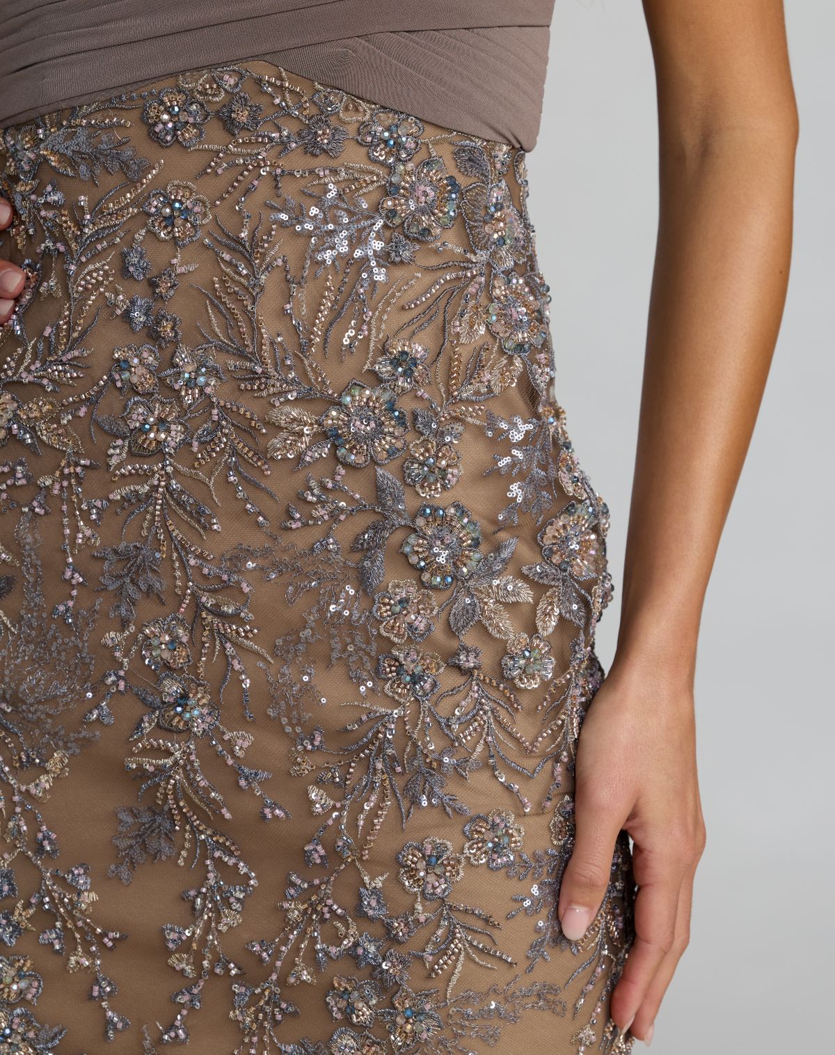 21291 Beige Jersey Wrap Top Floral Sequin Gown