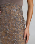 21291 Beige Jersey Wrap Top Floral Sequin Gown