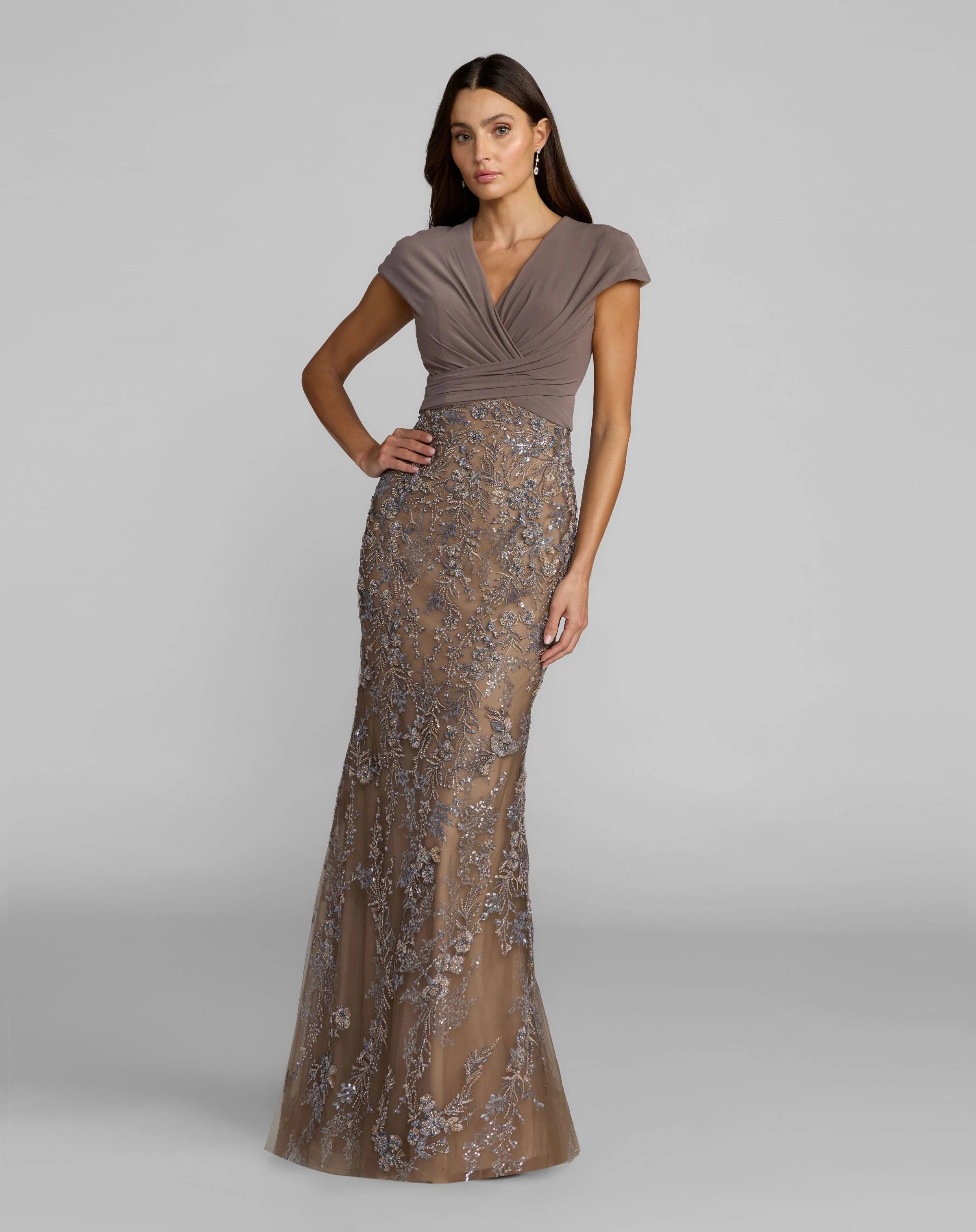 21291 Beige Jersey Wrap Top Floral Sequin Gown