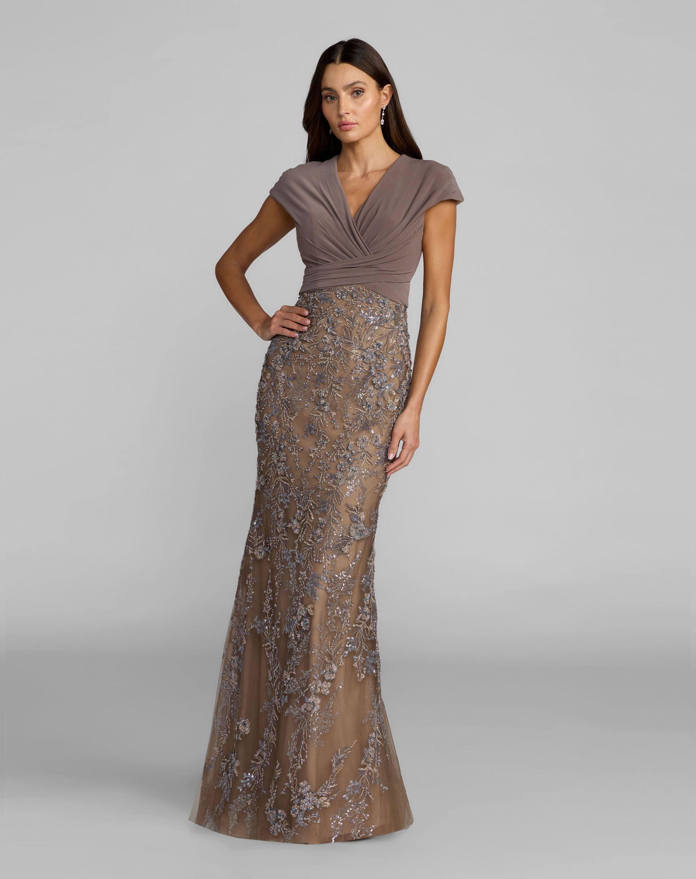 21291 Beige Jersey Wrap Top Floral Sequin Gown