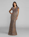 21291 Beige Jersey Wrap Top Floral Sequin Gown