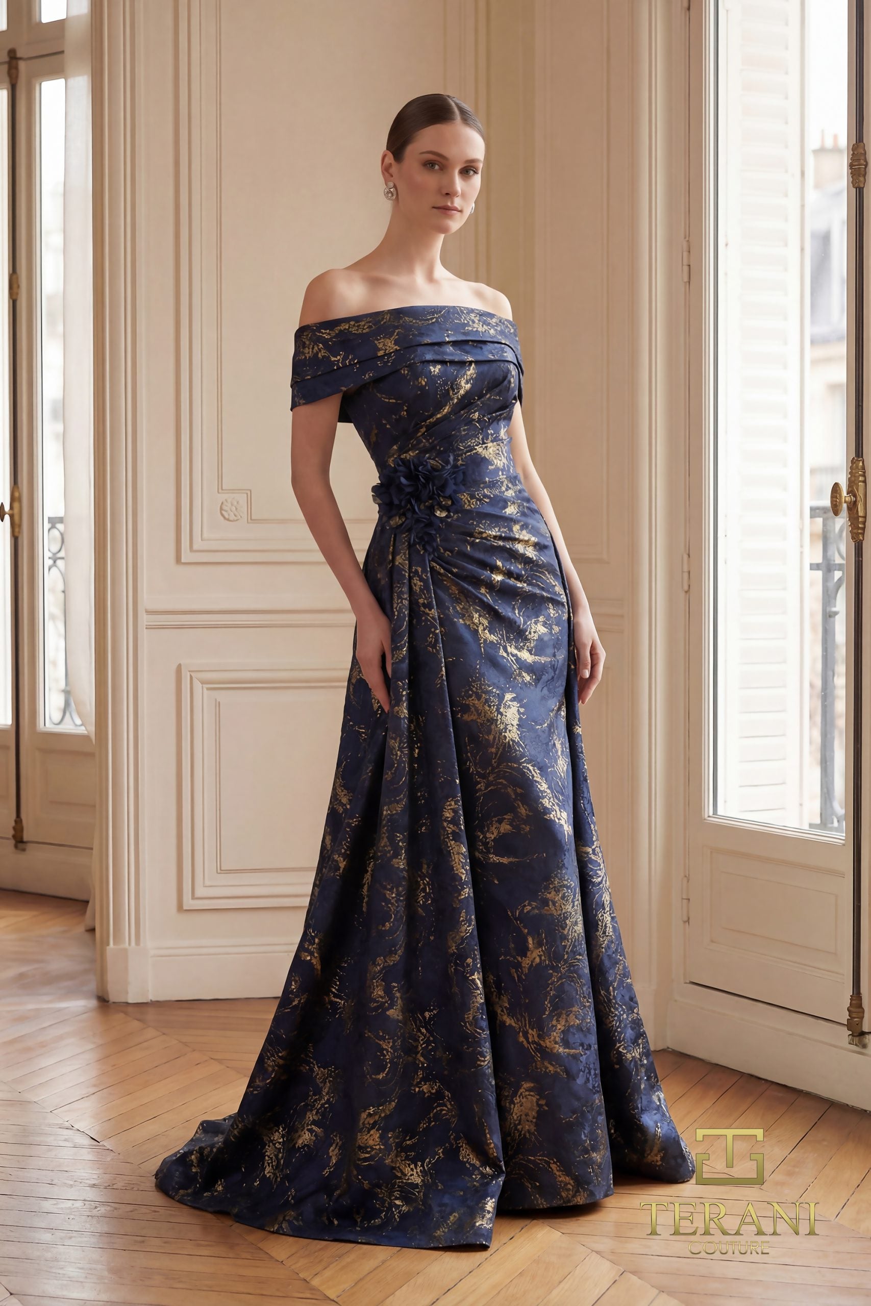 Off-Shoulder Jacquard Sheath Gown – 261M6444