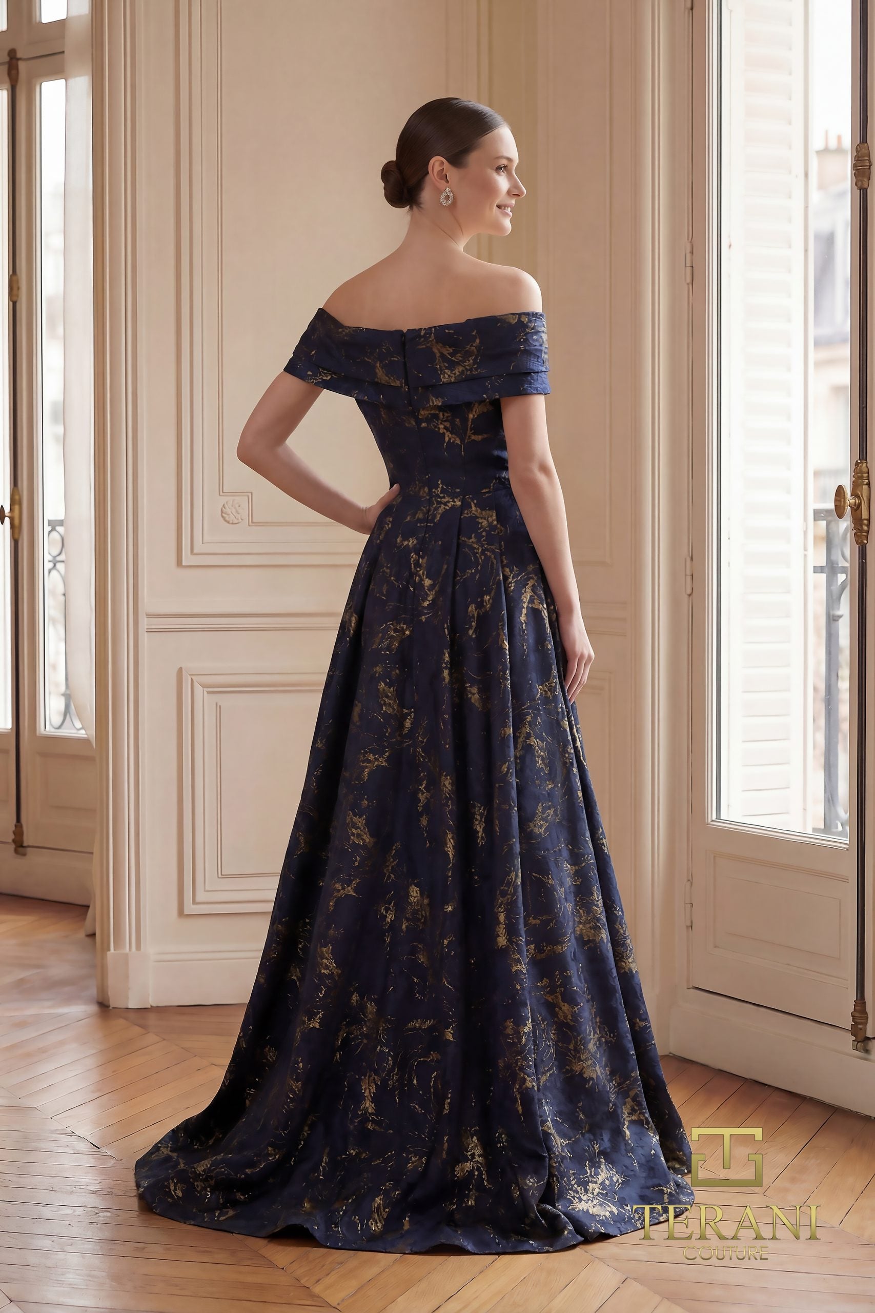 Off-Shoulder Jacquard Sheath Gown – 261M6444