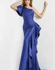 Jovani 09201 Indigo One Shoulder Short Sleeve Evening Gown