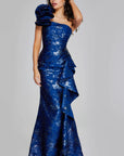 Stunning One-Shoulder Navy Gown with Elegant Rose Detail 39438