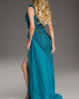 Beaded Gown With Draped Tulle Overlay and Slit 44846