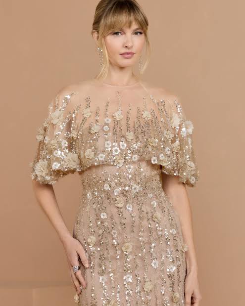 69188 Floral Embellished Cape Sleeve Trumpet Gown