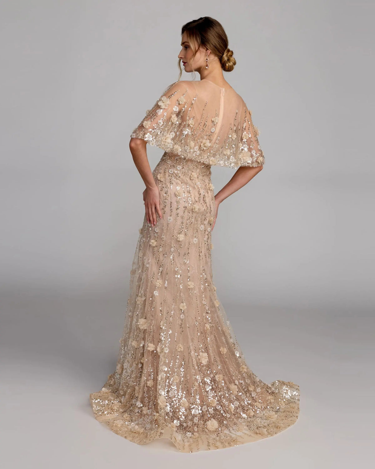 69188 Floral Embellished Cape Sleeve Trumpet Gown