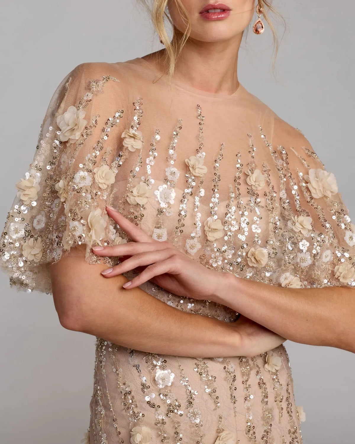 69188 Floral Embellished Cape Sleeve Trumpet Gown