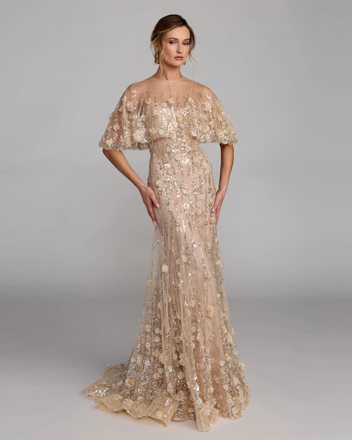 69188 Floral Embellished Cape Sleeve Trumpet Gown