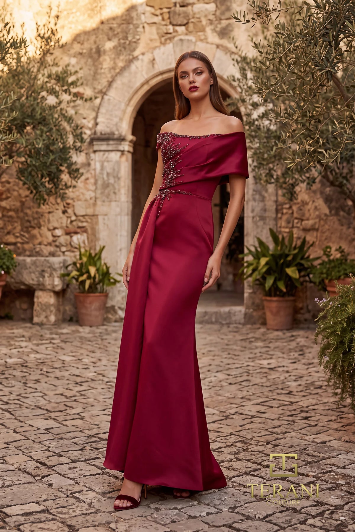 OFF-SHOULDER LONG MOTHER OF THE BRIDE SHEATH DRESS - 262M7278