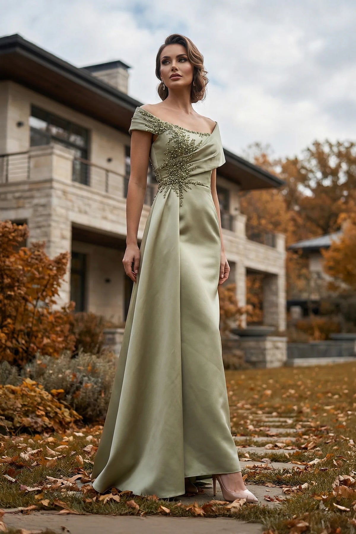 OFF-SHOULDER LONG MOTHER OF THE BRIDE SHEATH DRESS - 262M7278