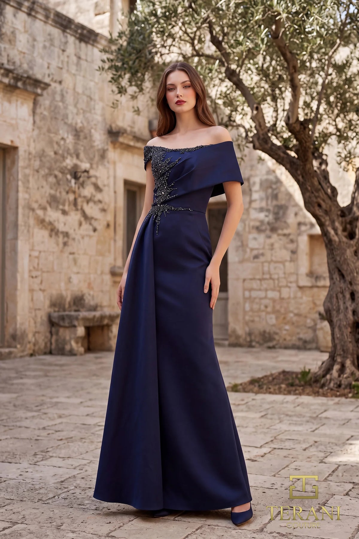 OFF-SHOULDER LONG MOTHER OF THE BRIDE SHEATH DRESS - 262M7278