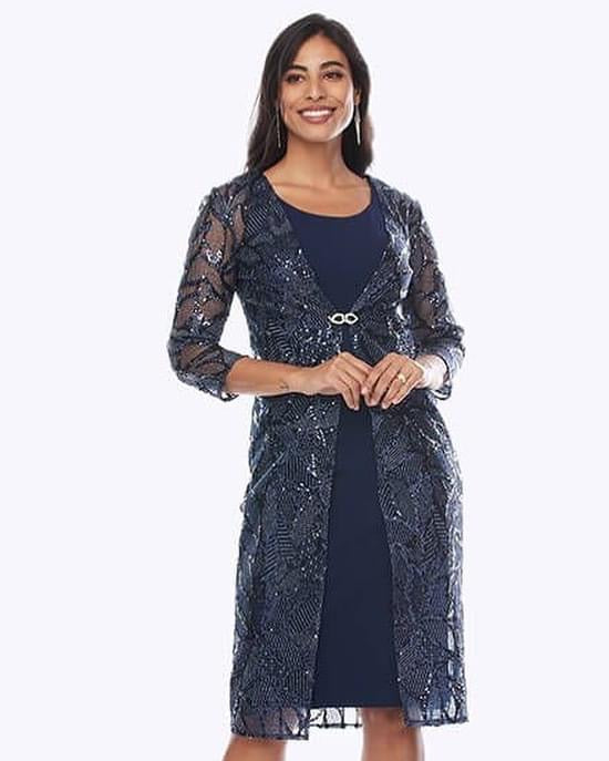 JH0564 stretch jersey dress and sequin mesh jacket with diamanté trim buckle .