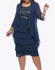 LJ0599

Chiffon layered dress and jacket with embroidered lurex lace bodice