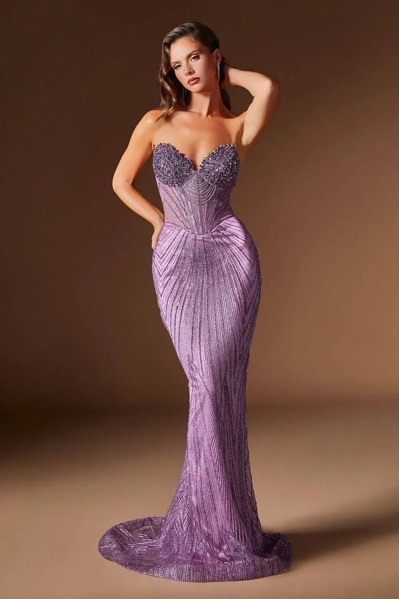 Ladivine J903 - Sheath Skirt Strapless Beaded Gown