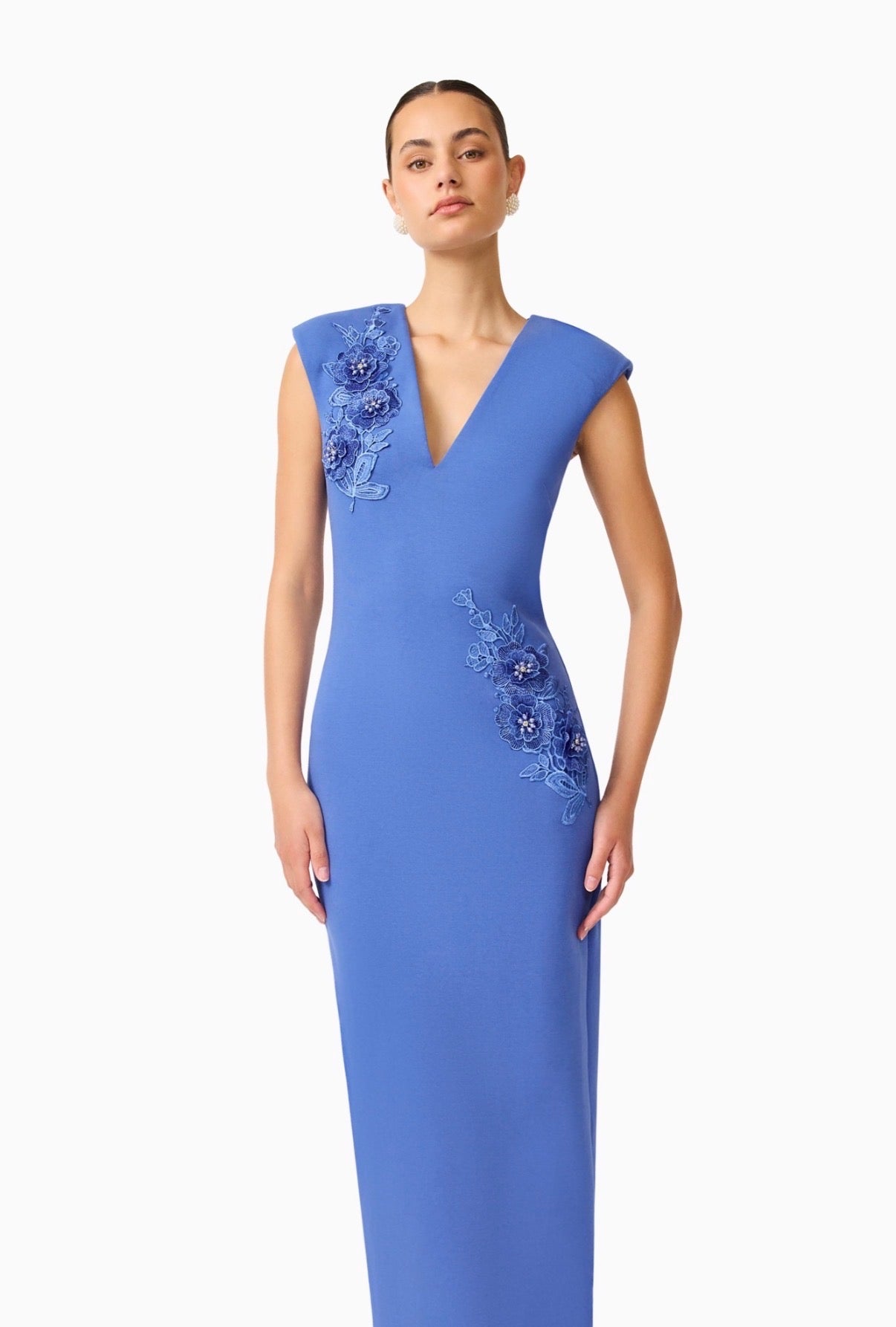 TALITHA PLUNGING
NECK COLUMN DRESS IN CORNFLOWERBLUE